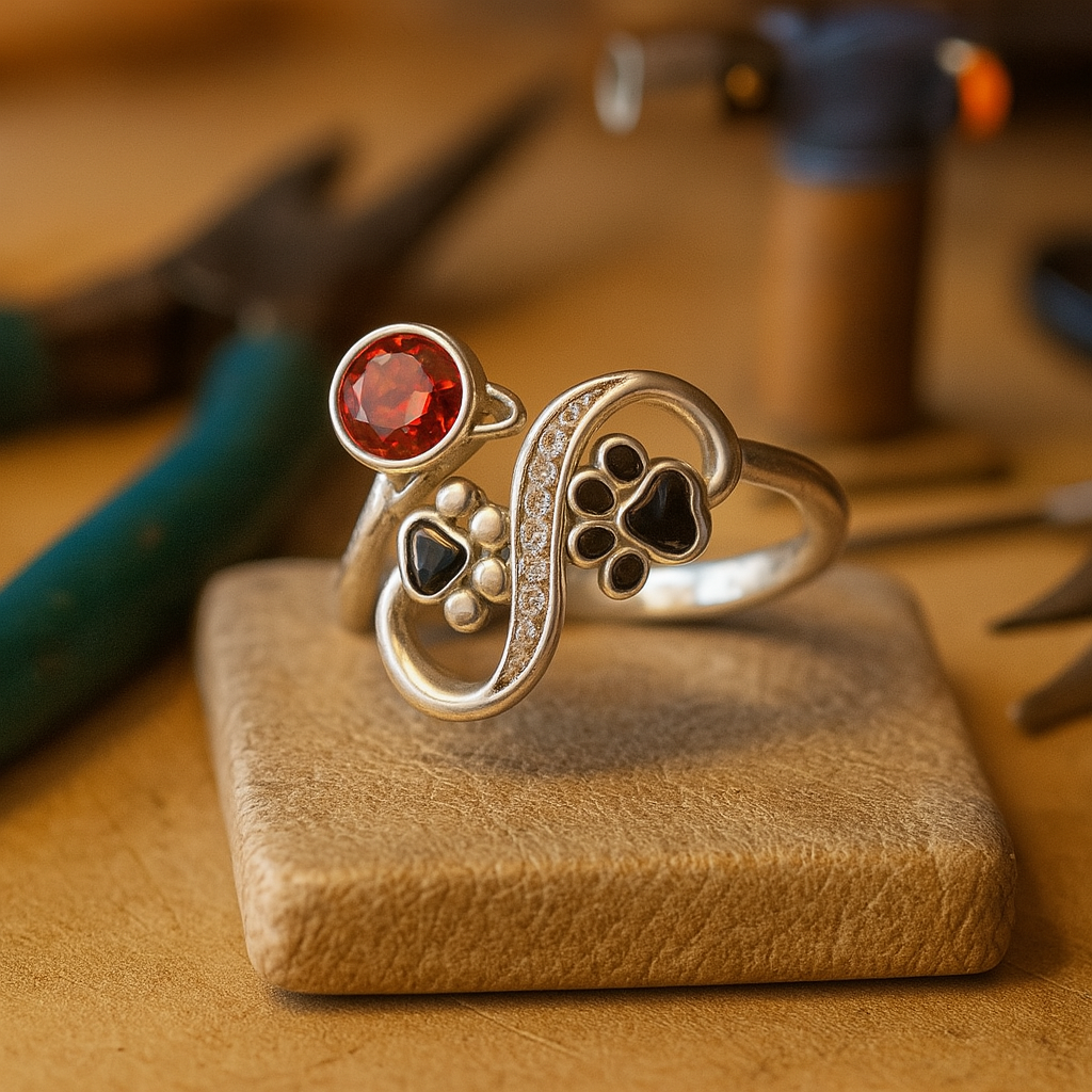 Adjustable ring with black paw print and red gemstones
