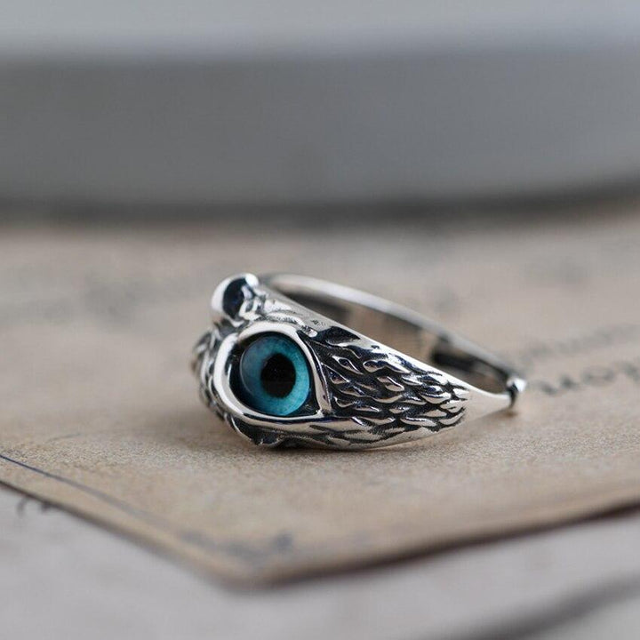 Adjustable owl of luck ring made of silver and opal