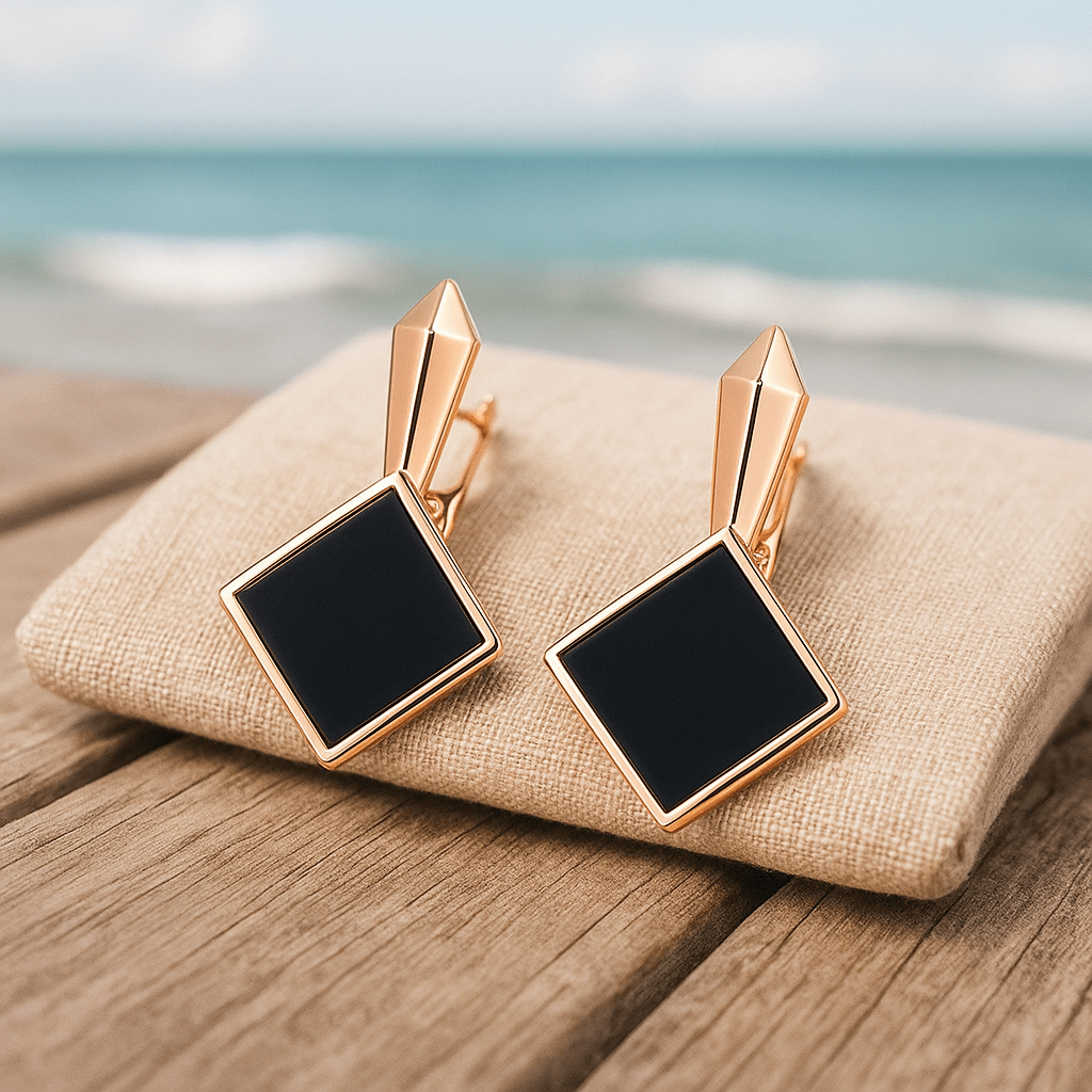 Ear beads with square black gemstones
