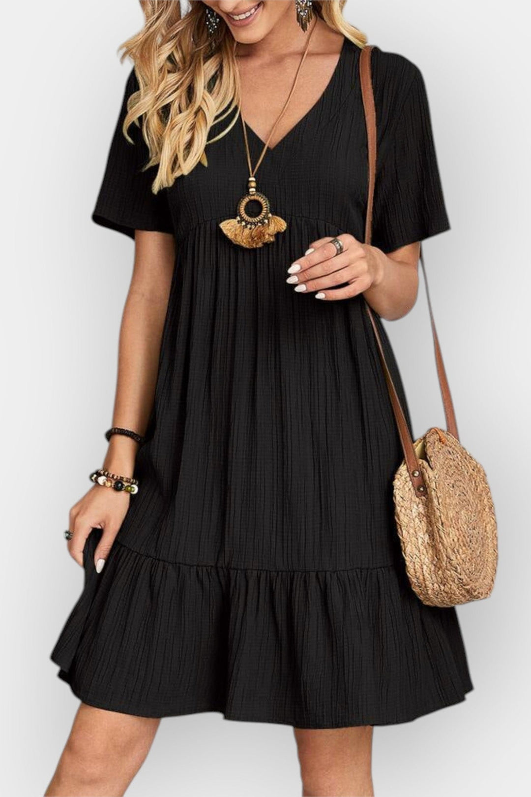 Checked dress with V-neck