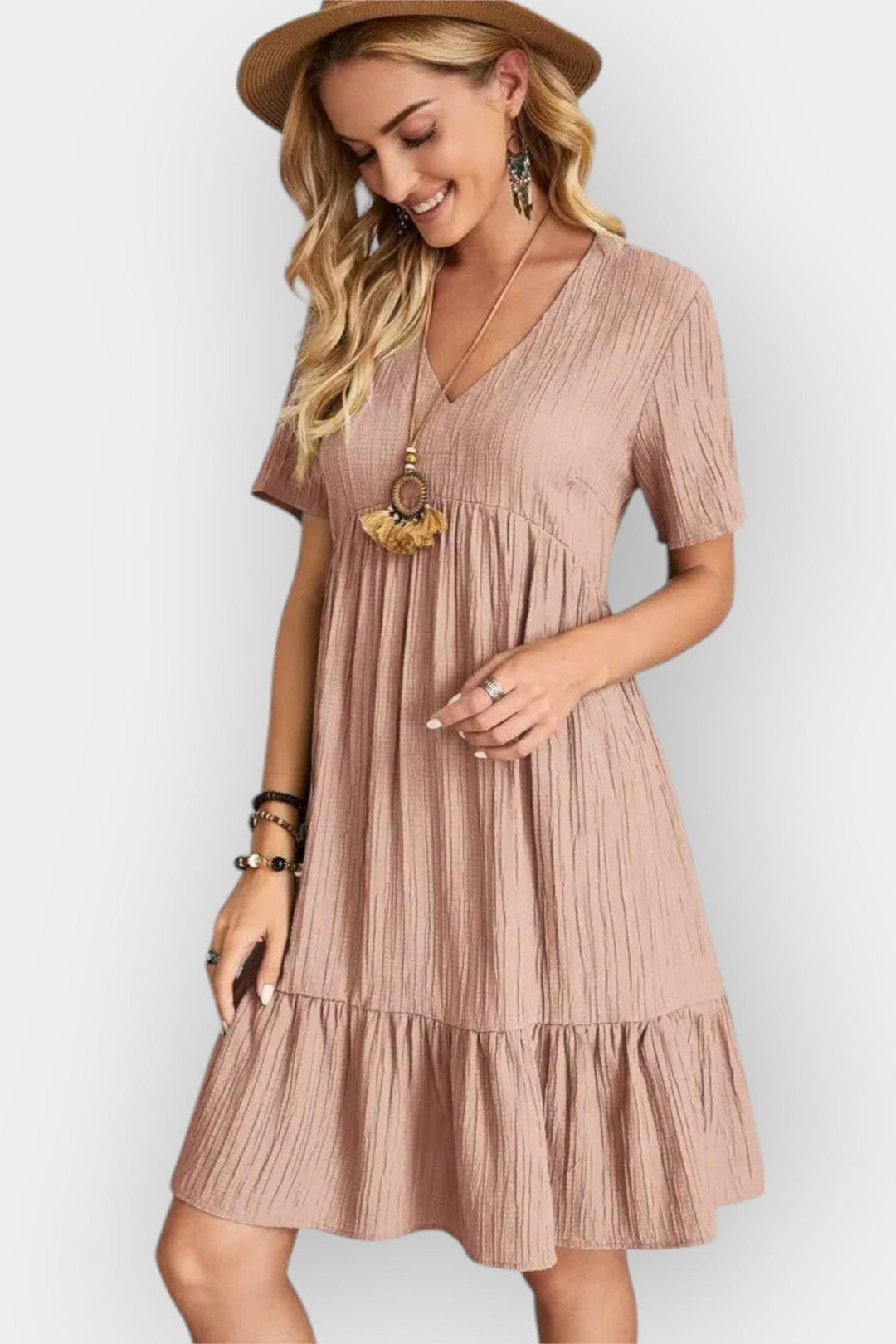 Checked dress with V-neck