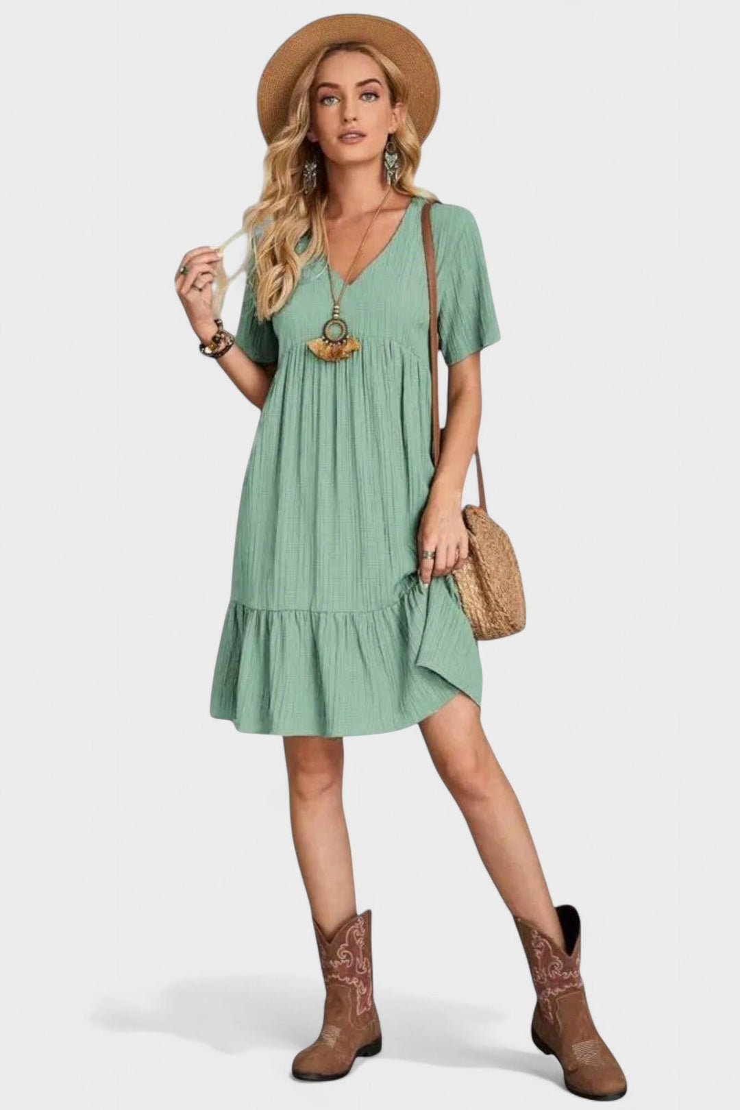 Checked dress with V-neck