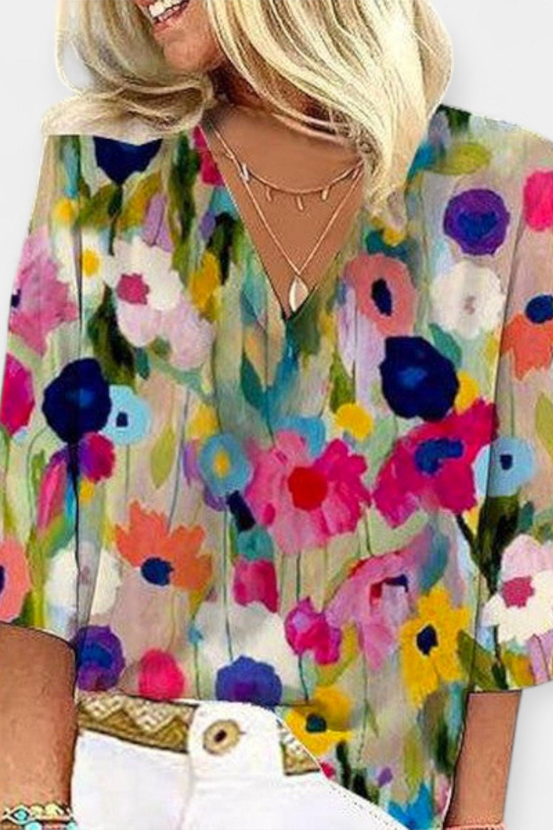 Flower Print Blouse with V-Neck
