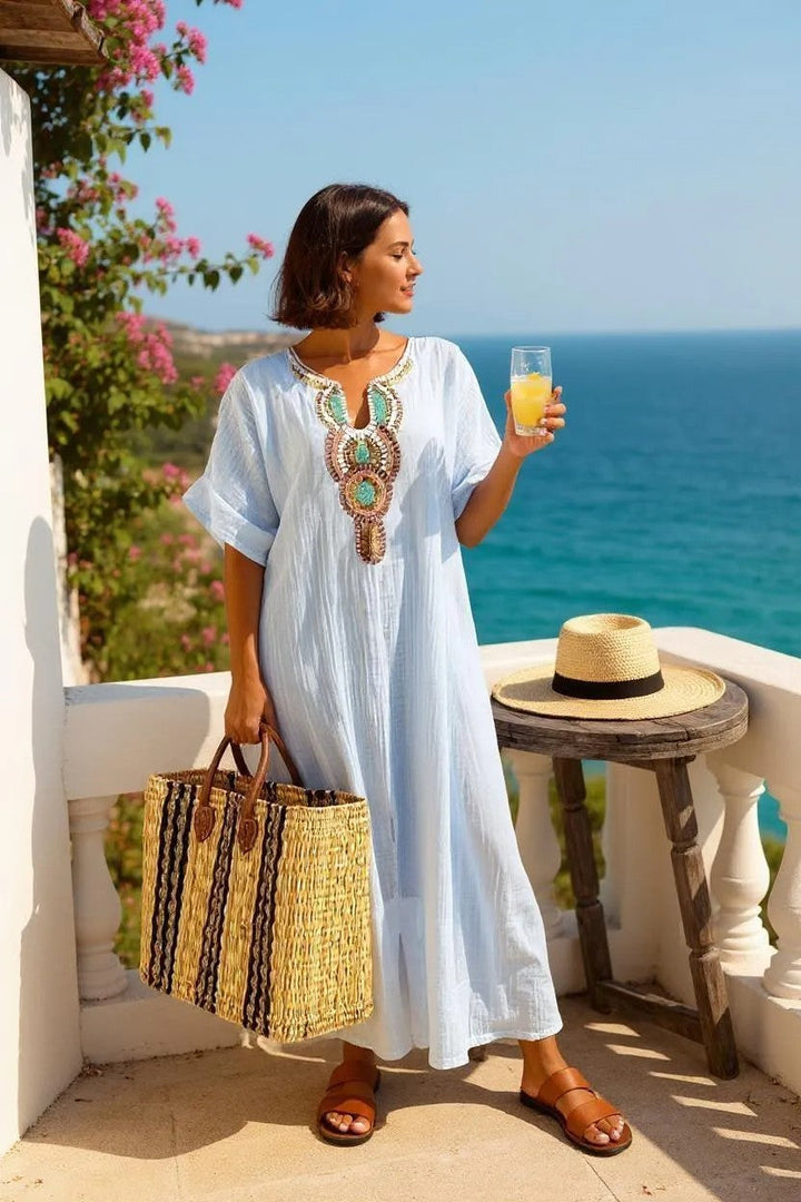 SAGA DRESS | Long dress with decorated neckline and side slits