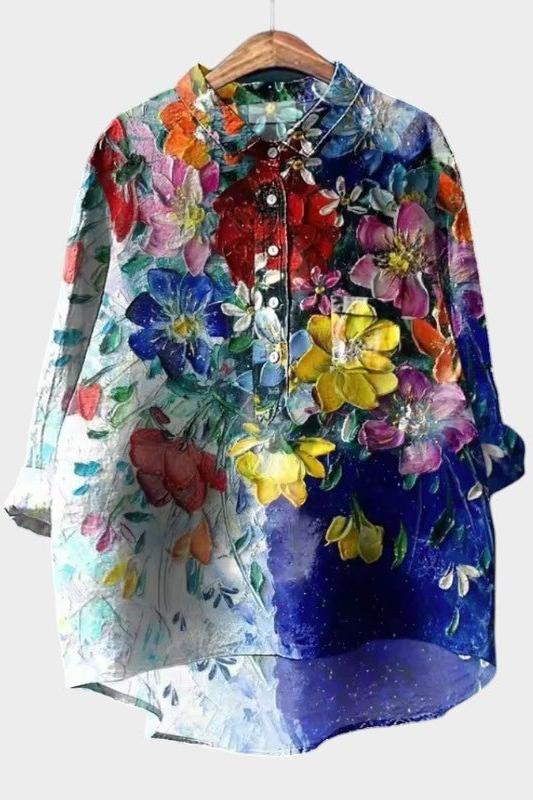 Lena | Elegancka premium bluzka w kwiaty z tunikowym kołnierzem i precyzyjnym szwem