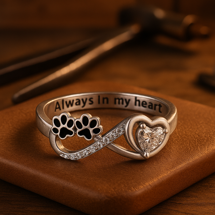 Ring with zirconias in the shape of a paw with a heart and the infinity symbol