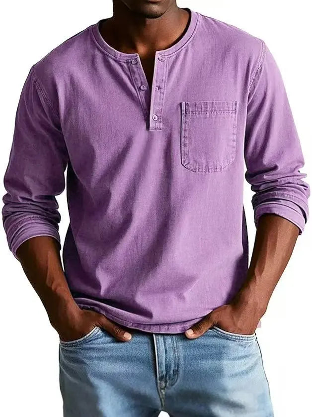 Cliton I Vintage Denim Henley Shirt for Men with Chest Pocket