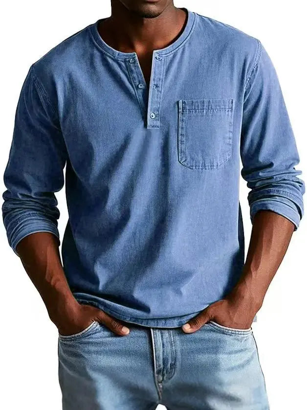 Cliton I Vintage Denim Henley Shirt for Men with Chest Pocket