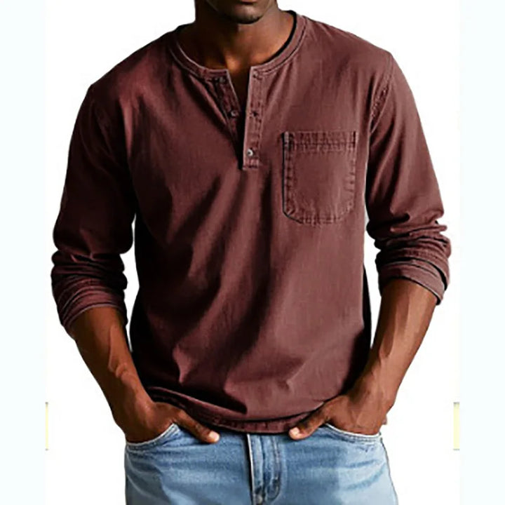 Cliton I Vintage Denim Henley Shirt for Men with Chest Pocket