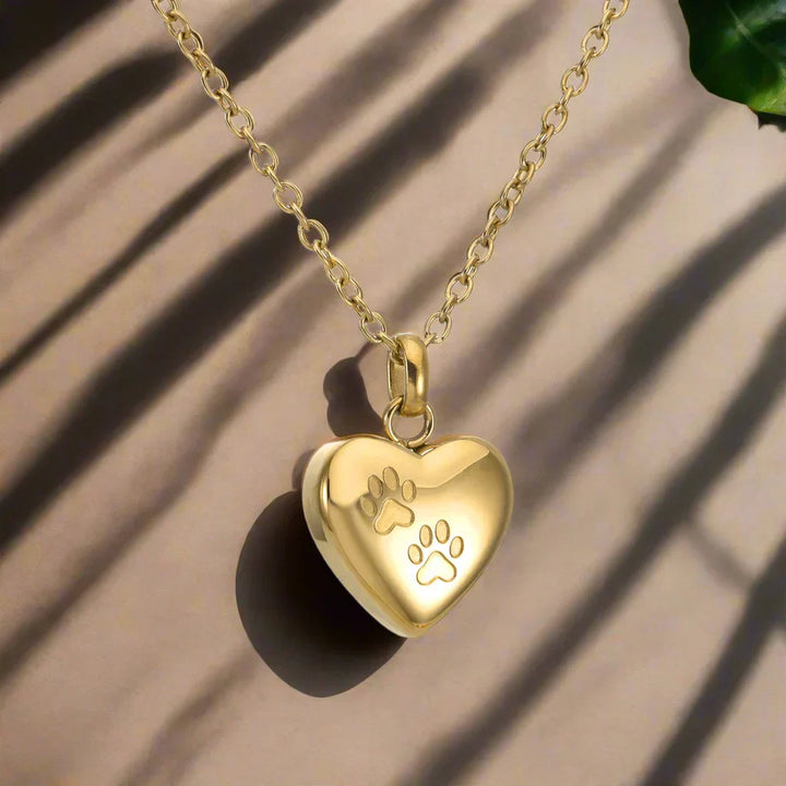 Collana con urna commemorativa per animali domestici – Ciondolo a forma di cuore con incisione di zampa