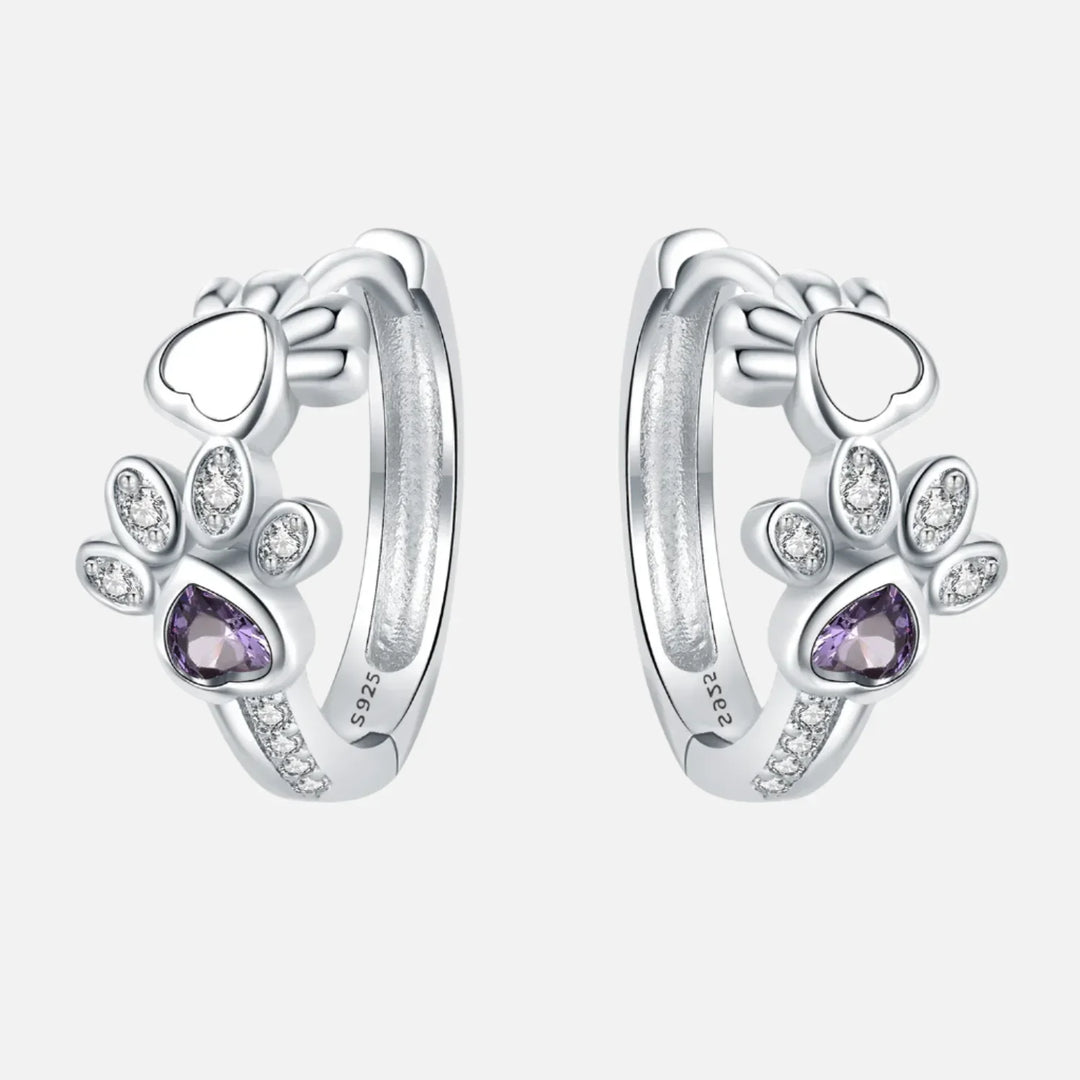 Paw Huggie Earrings in silver with zirconia and heart-shaped gem