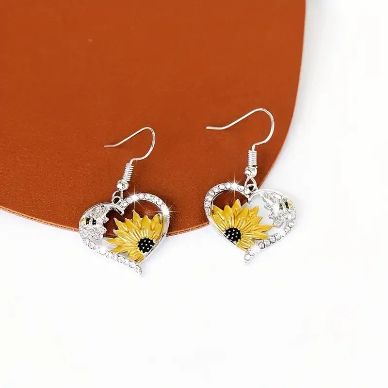 Vintage Boho dangling earrings with sunflower and heart with bee