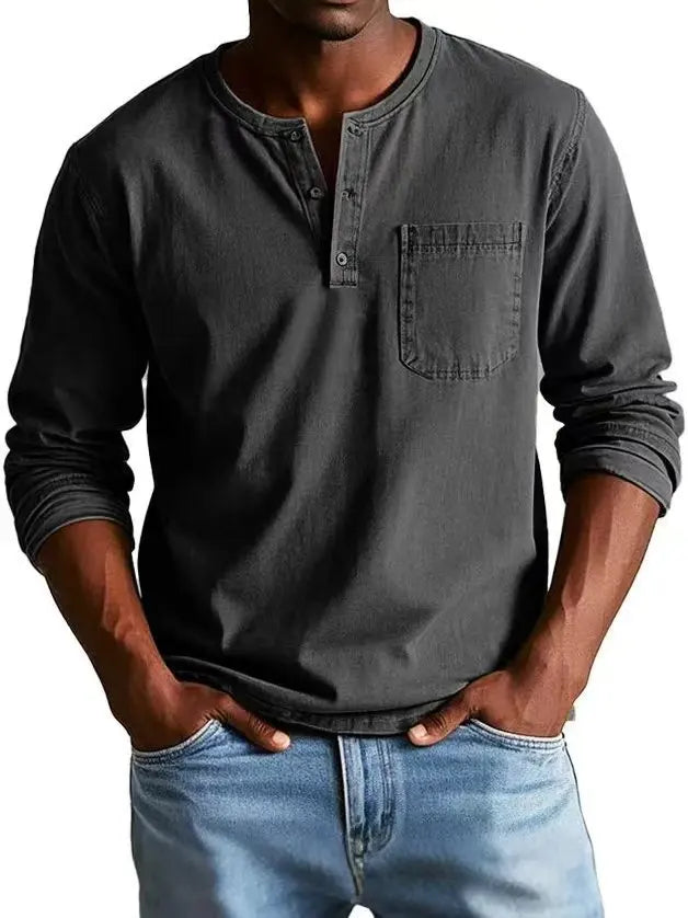 Cliton I Vintage Denim Henley Shirt for Men with Chest Pocket
