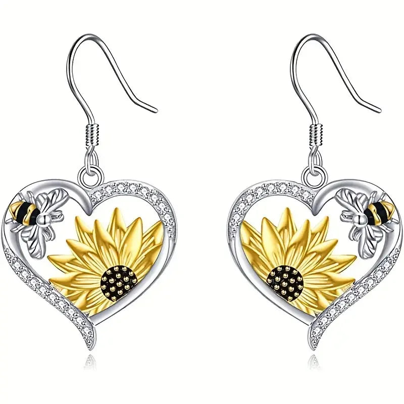 Vintage Boho dangling earrings with sunflower and heart with bee