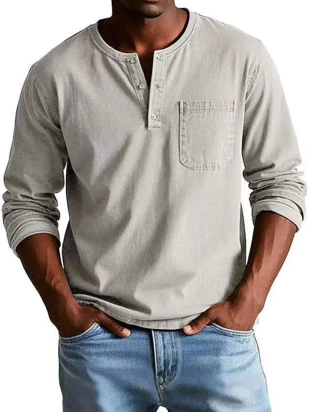 Cliton I Vintage Denim Henley Shirt for Men with Chest Pocket