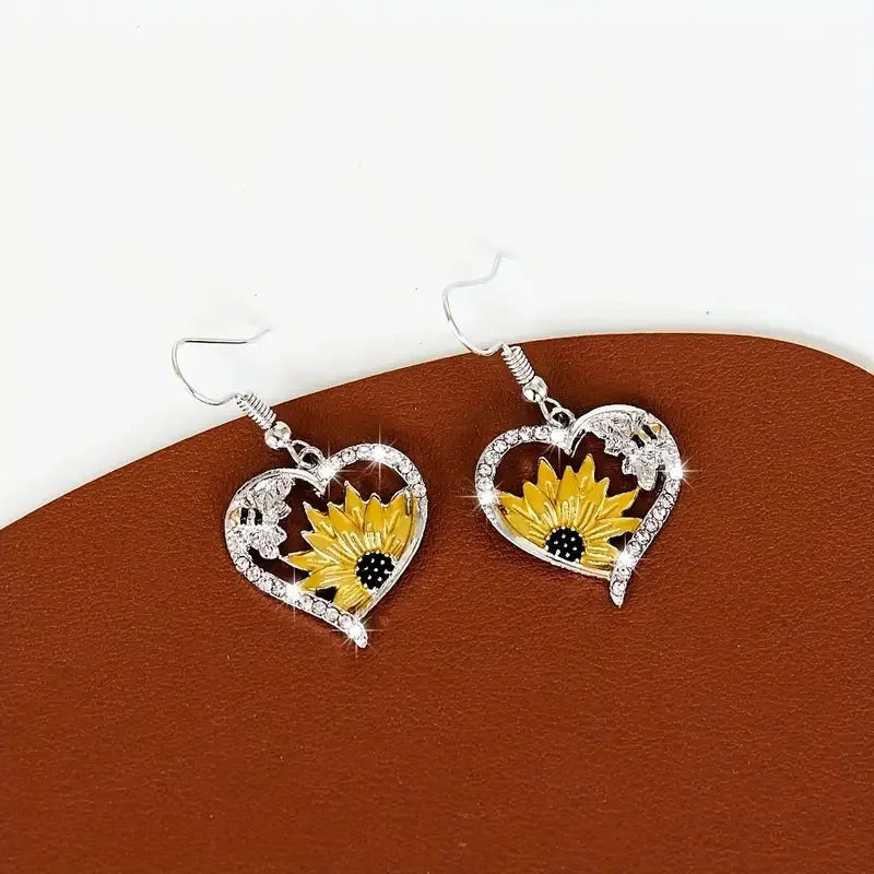 Vintage Boho dangling earrings with sunflower and heart with bee