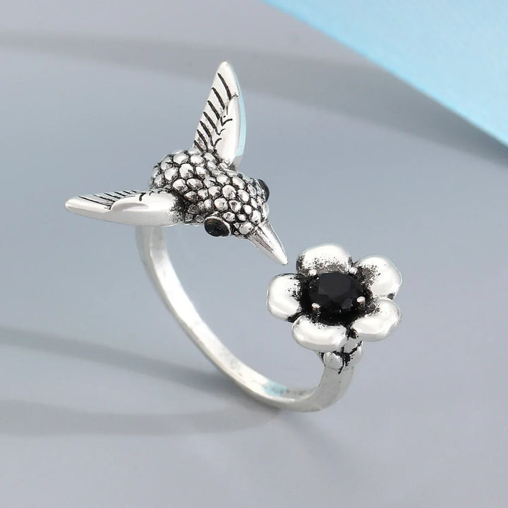 Hummingbird and Flower Ring – Adjustable Ring with Open Bird for Women