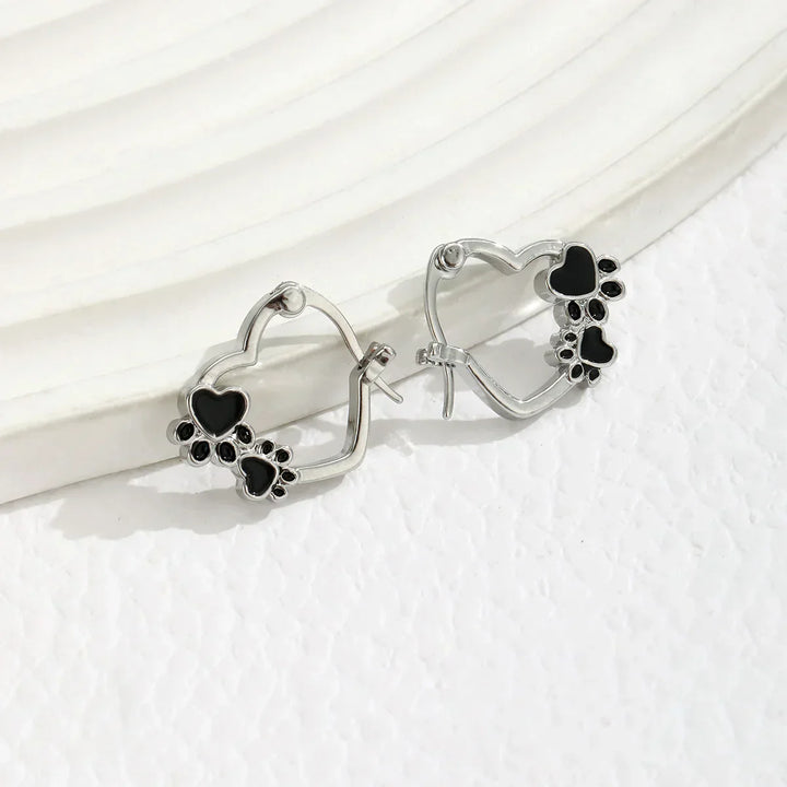 Huggie Earrings with Heart and Black Enamel