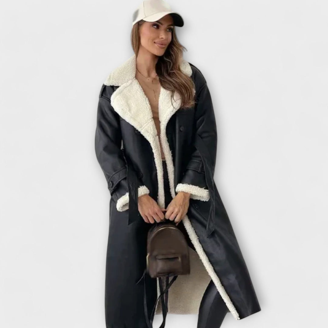 Maria – Long coat with fleece lining and rabbit collar