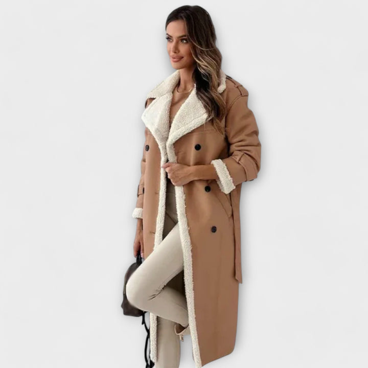 Maria – Long coat with fleece lining and rabbit collar