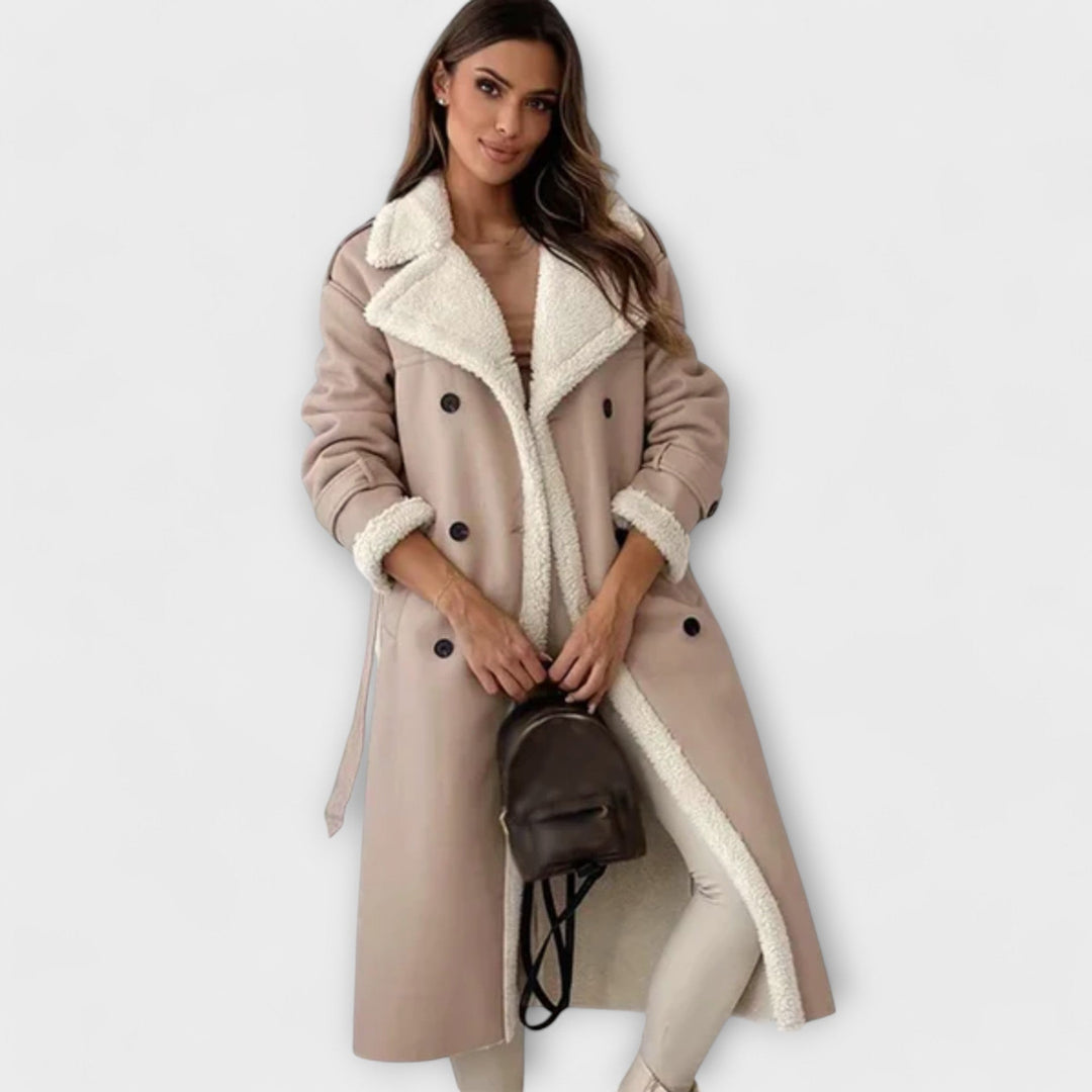 Maria – Long coat with fleece lining and rabbit collar