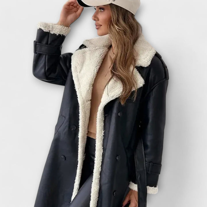 Maria – Long coat with fleece lining and rabbit collar