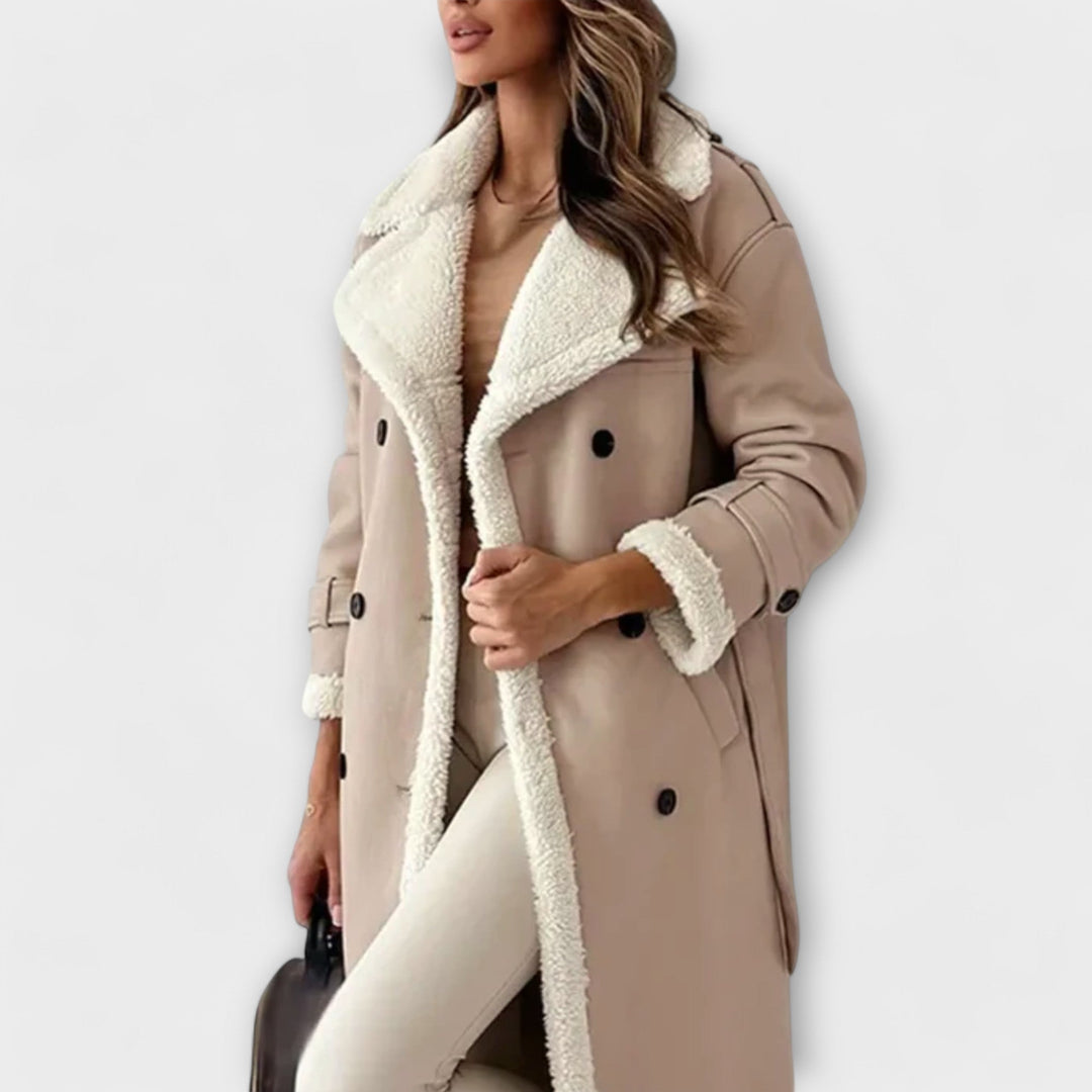 Maria – Long coat with fleece lining and rabbit collar
