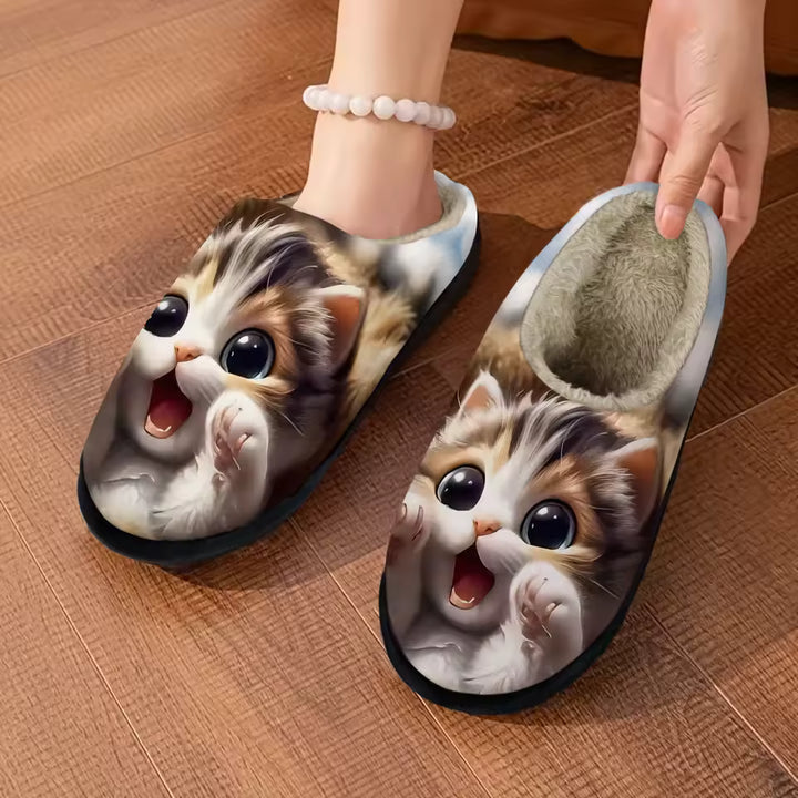 Comfortable Warm Slippers with 3D Cat Pattern | Thick Soles for Indoor and Outdoor Use