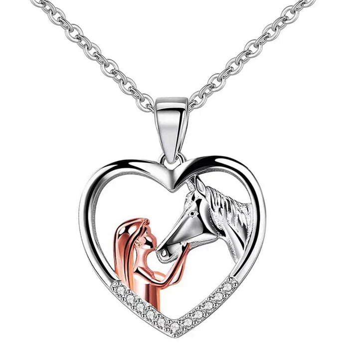 Beautiful necklace with zirconia in the shape of a heart and a horse