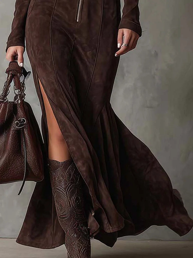 Brown Maxi Dress with Vintage Zip