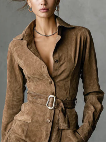 Midi Suede Dress with Lapel and Long Sleeves