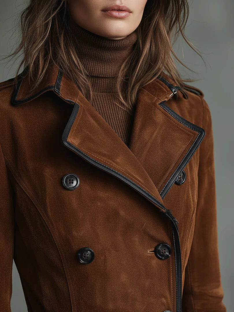 Cappotto lungo in suede con dettagli neri e design doppiopetto
