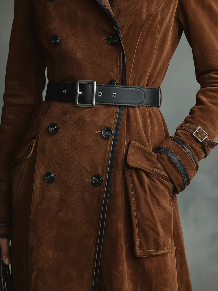 Cappotto lungo in suede con dettagli neri e design doppiopetto