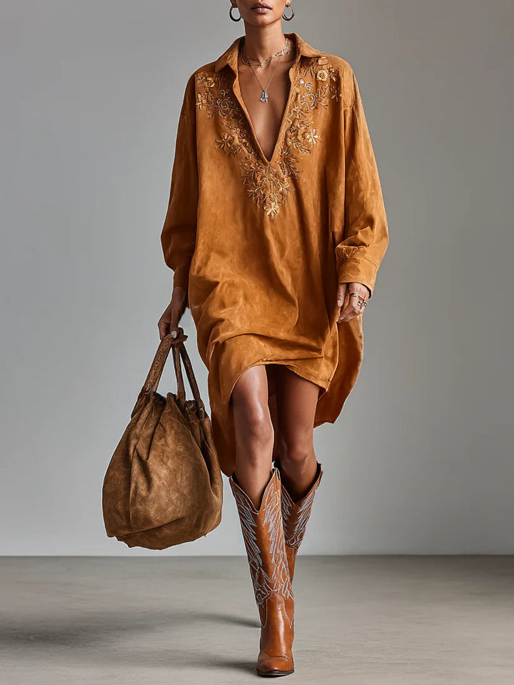 Printed midi dress with V-neck, lapels, and long sleeves