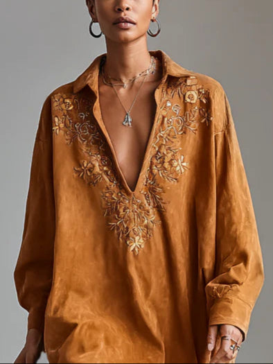 Printed midi dress with V-neck, lapels, and long sleeves