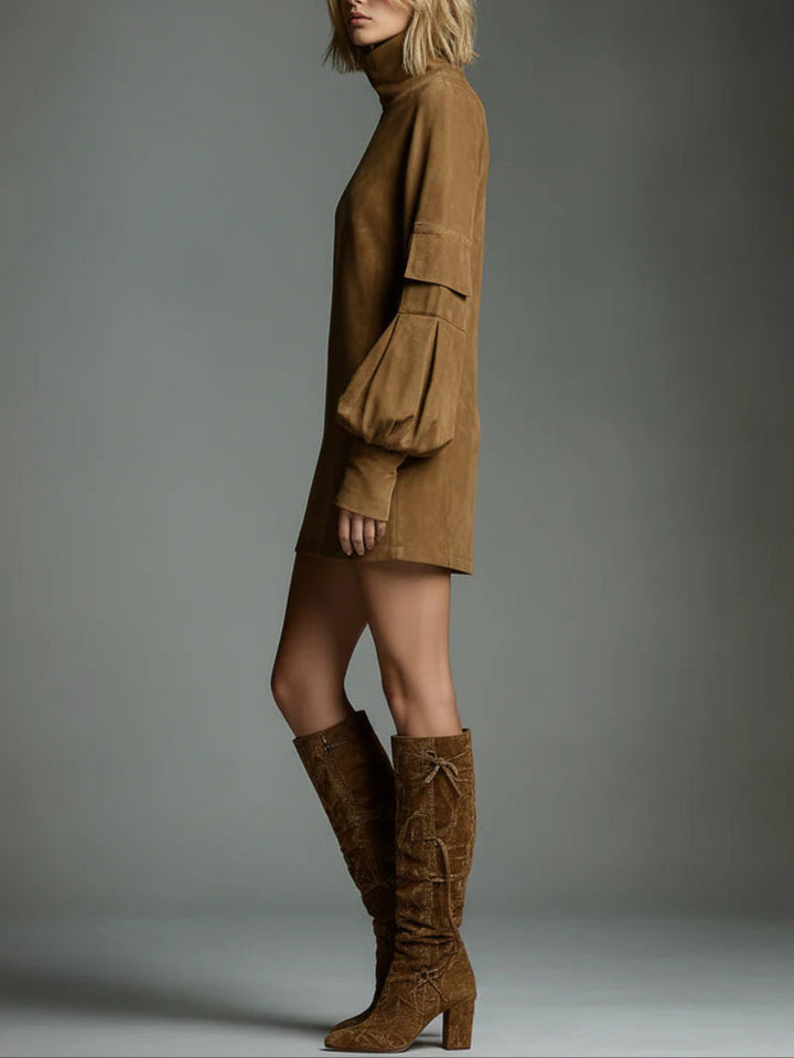 Vintage Suede Mini Dress with High Collar