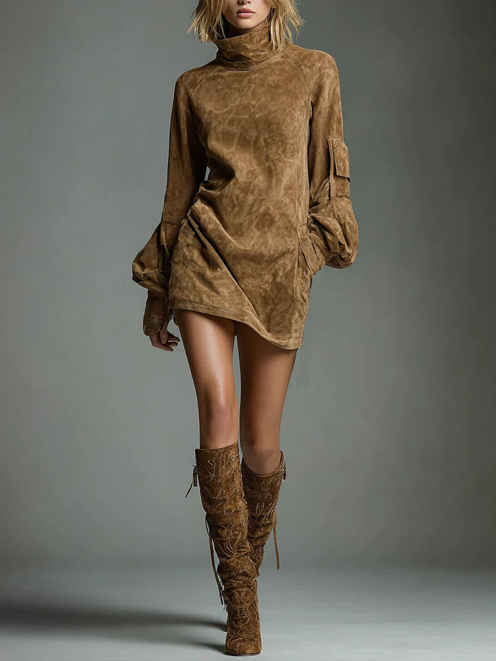 Vintage Suede Mini Dress with High Collar