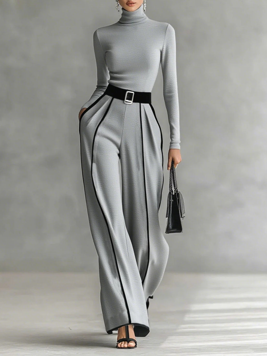 Long Sleeve Top with High Neck and Wide Leg Pants with Waist
