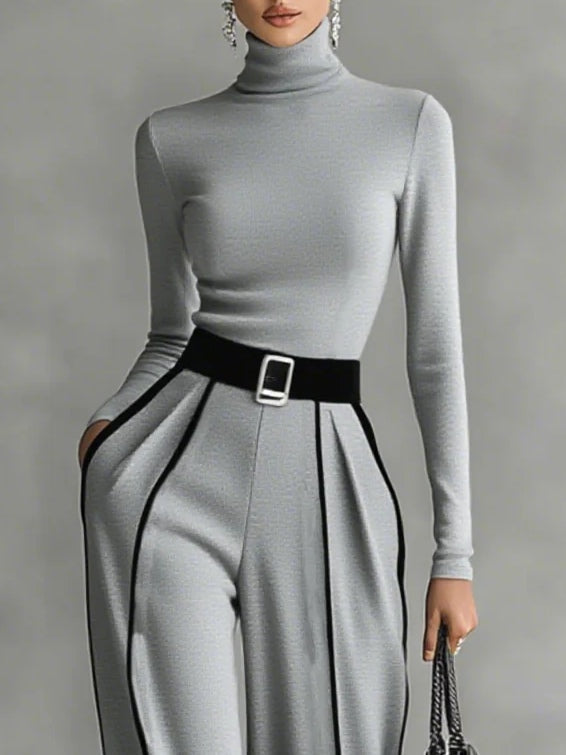 Long Sleeve Top with High Neck and Wide Leg Pants with Waist