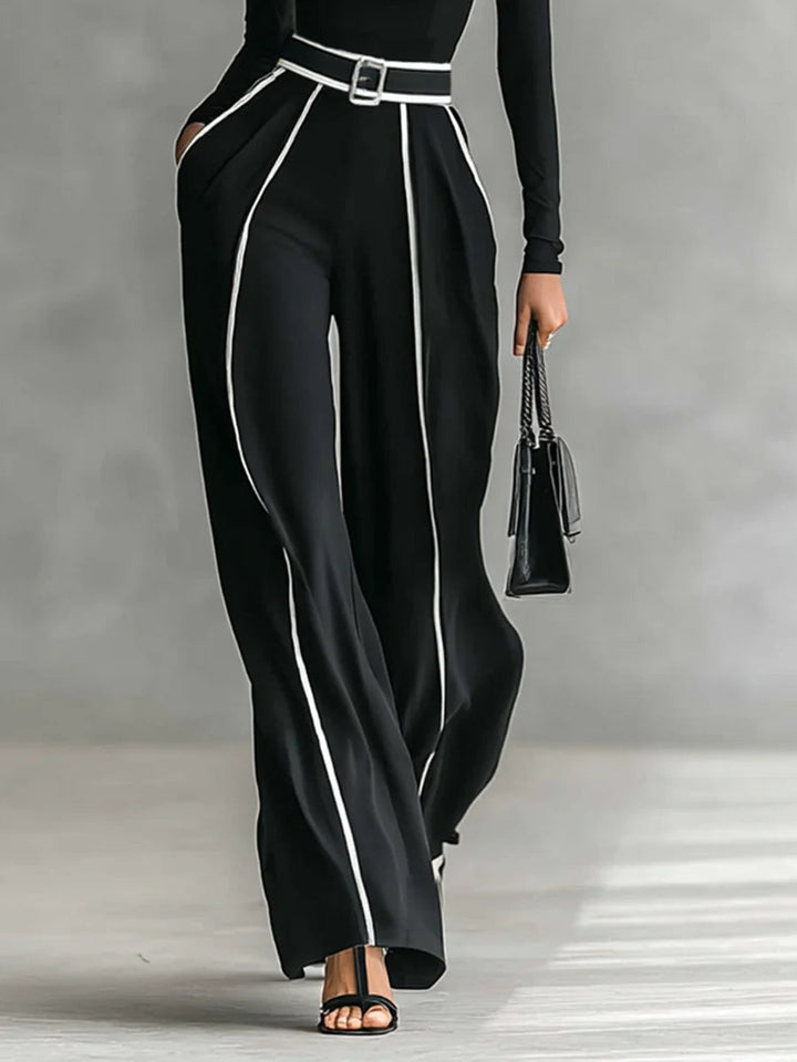 Long Sleeve Top with High Neck and Wide Leg Pants with Waist