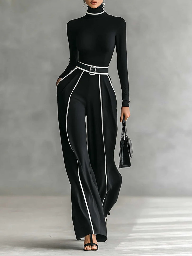 Long Sleeve Top with High Neck and Wide Leg Pants with Waist