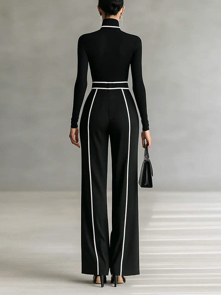 Long Sleeve Top with High Neck and Wide Leg Pants with Waist