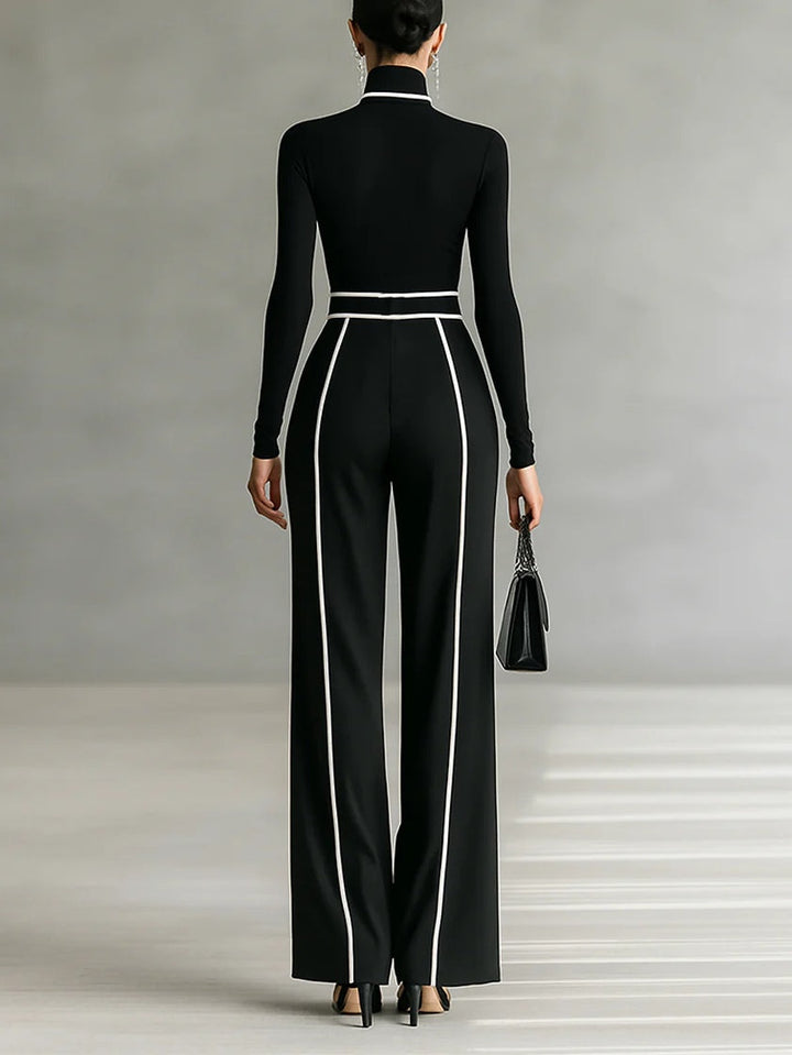 Long Sleeve Top with High Neck and Wide Leg Pants with Waist