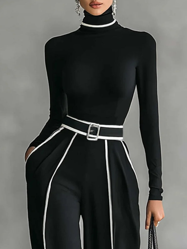 Long Sleeve Top with High Neck and Wide Leg Pants with Waist