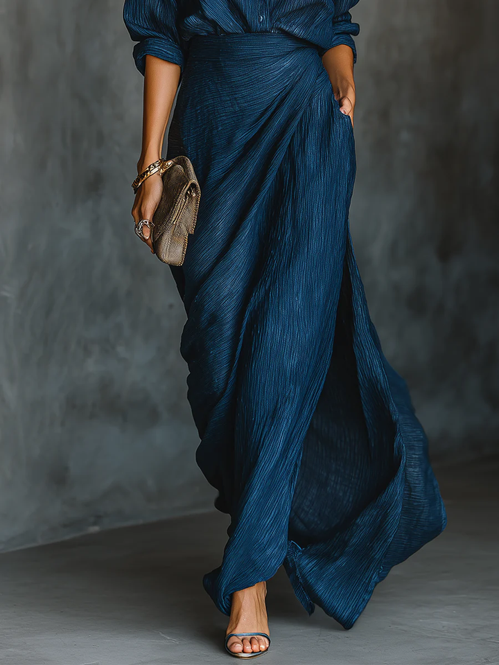 Elegant Dark Blue Shirt in Cotton and Linen Blend with Long Skirt