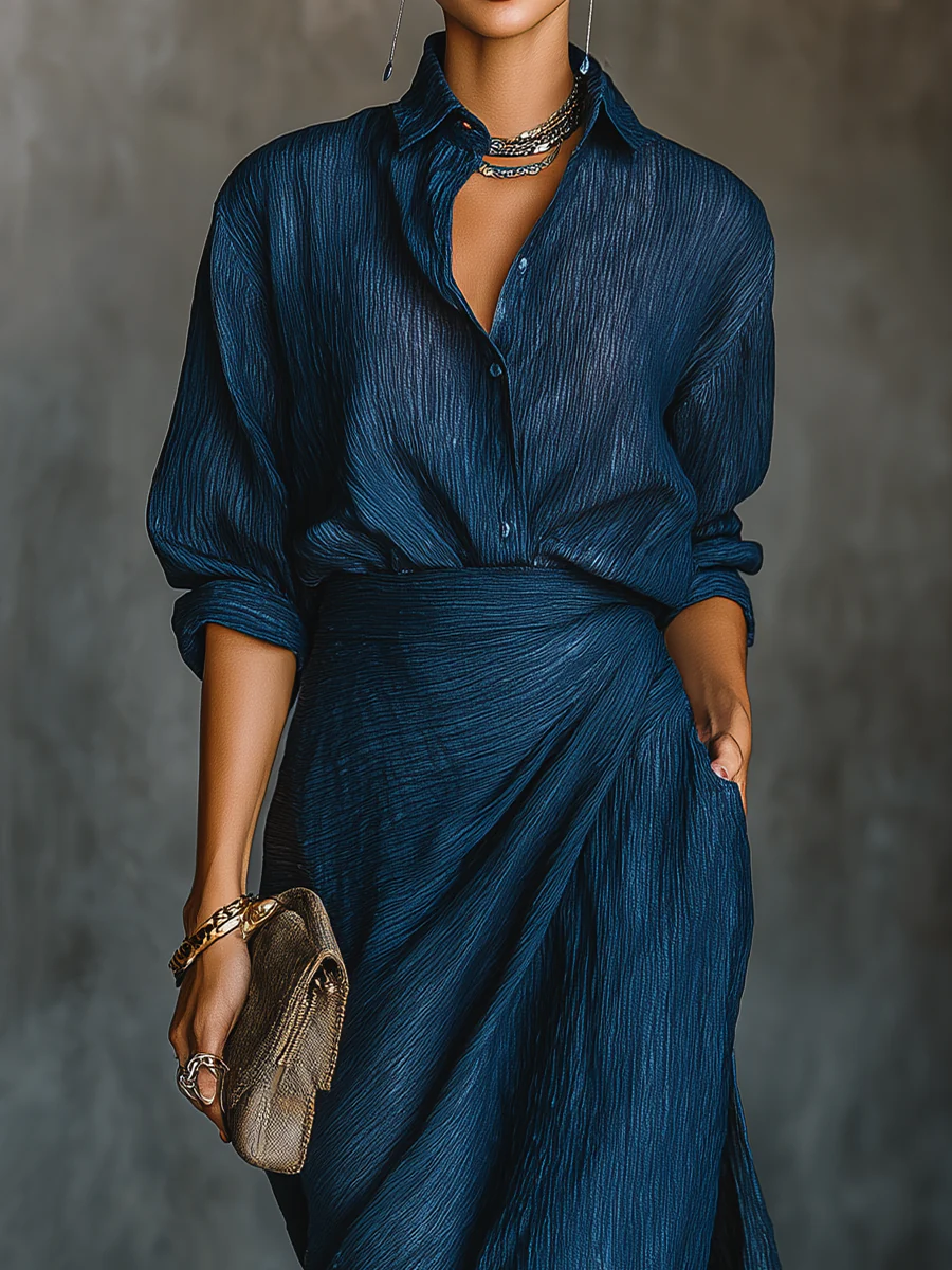 Elegant Dark Blue Shirt in Cotton and Linen Blend with Long Skirt