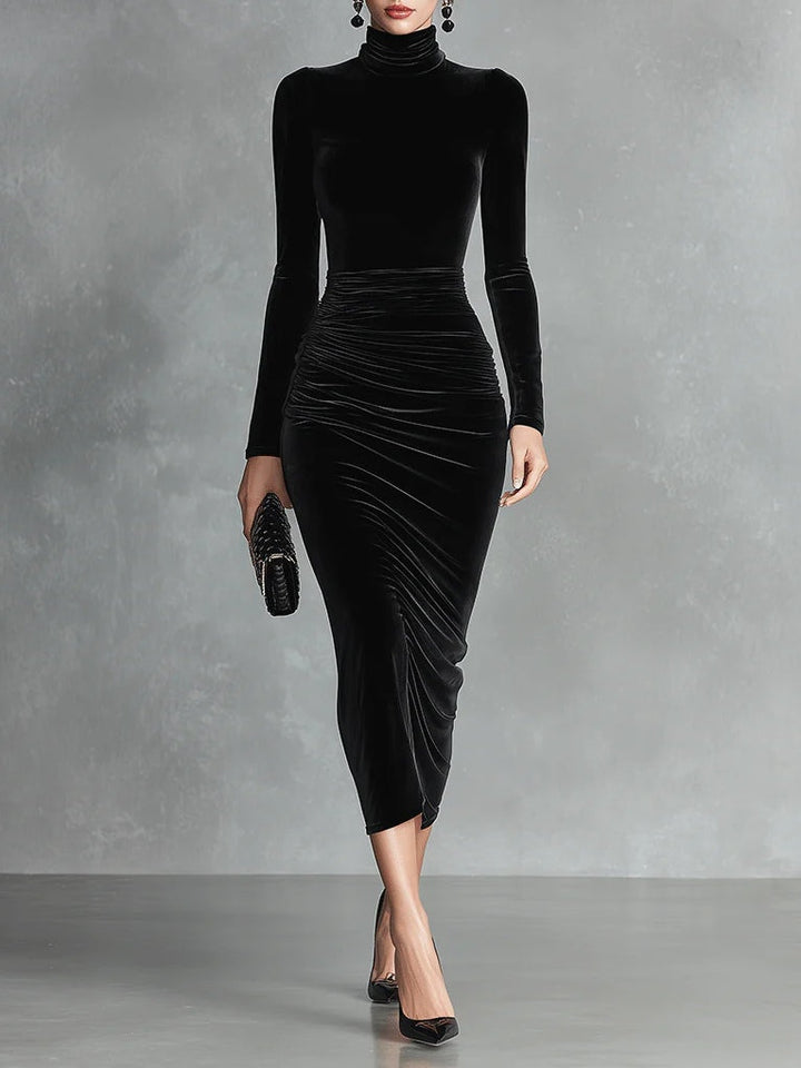 Black Velvet Bodycon Dress with High Neck