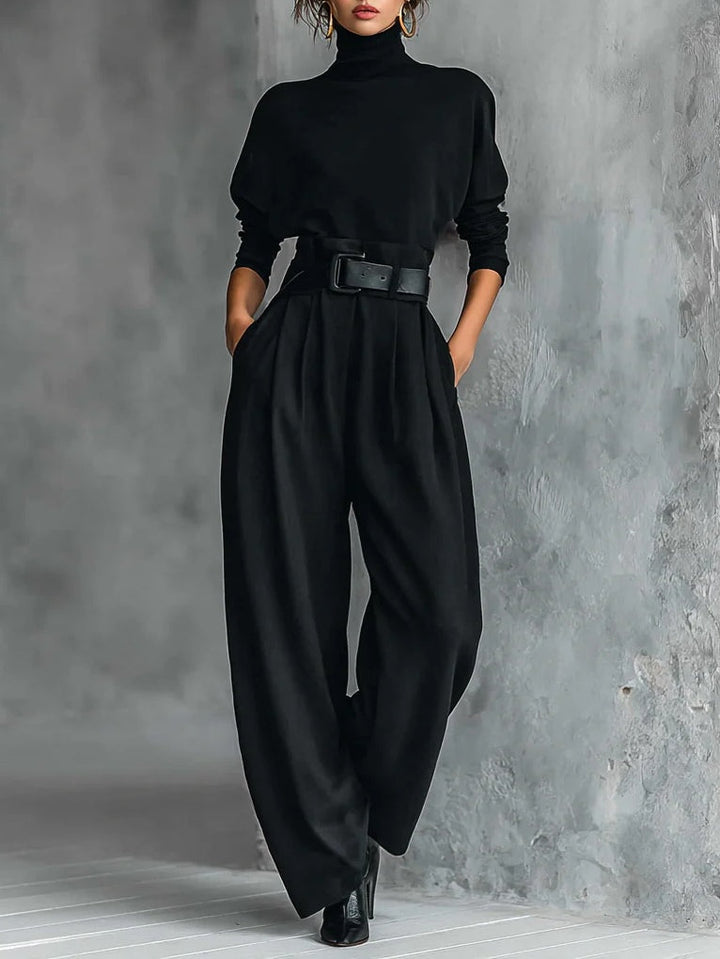 Black long-sleeve sweater with high collar and straight pants - 2-piece set