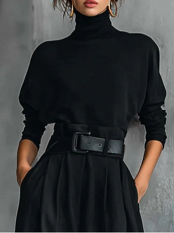 Black long-sleeve sweater with high collar and straight pants - 2-piece set