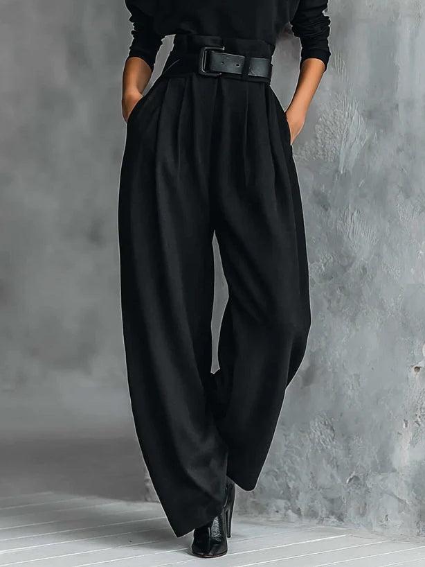 Black long-sleeve sweater with high collar and straight pants - 2-piece set